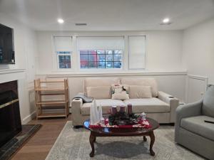 a living room with a couch and a coffee table at Modern & Cozy Suite in Norwood