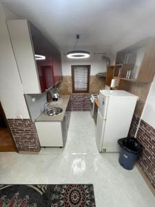 a kitchen with a sink and a refrigerator at House in Center in Skopje