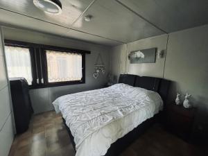 a bedroom with a large bed in a room at Modern waterfront chalet in Geel