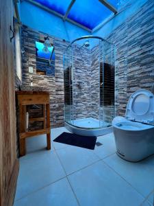 a bathroom with a shower and a toilet and a sink at Inkapacha ecohostel cabañas in Comunidad Yumani