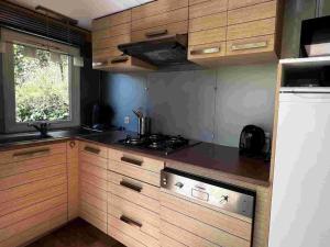 a kitchen with wooden cabinets and a stove top oven at Chalet 4 Pers - Terrasse - API-1-52-1751 in Espira-de-Conflent +28 photos