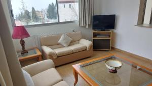 a living room with a couch and a tv at Panoramic 3-Bedroom Chalet with Terrace-Garden in Kfardebian