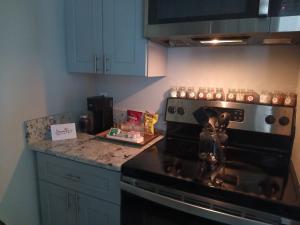 a kitchen with a stove and a counter top at The Serene Uptown Flat in Charlotte +12 photos