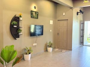 a living room with potted plants and a tv on the wall at Valensa lake view in Kalpetta +13 photos