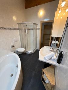 a bathroom with a tub and a sink and a shower at Hohenbichl in Terento +52 photos