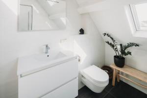 a white bathroom with a toilet and a sink at Big loft 100m from beach in Scheveningen