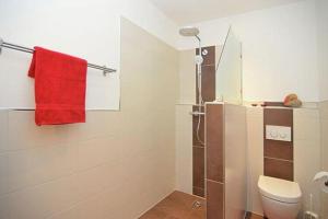 a bathroom with a shower with a toilet and a red towel at Ferienwohnung "Ausblick" in Rötz