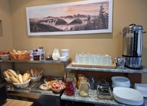 a kitchen with a counter with plates and food at HOTEL Tyrapol - izby in Oravská Lesná +20 photos