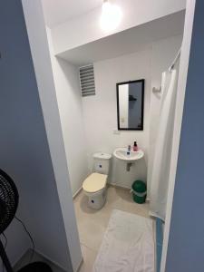 a small bathroom with a toilet and a sink at El encanto de Cartagena in Cartagena de Indias