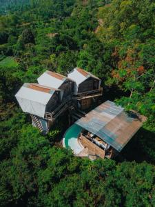 an aerial view of a house in the middle of a forest at Nirata Treehouse in Kintamani