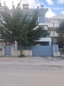 a tree in front of a building with a blue fence at Nancy's Apt in Nafplio
