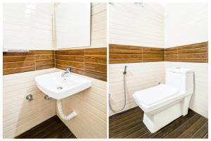 two pictures of a bathroom with a sink and a toilet at Super Collection O Madhapur in Hyderabad