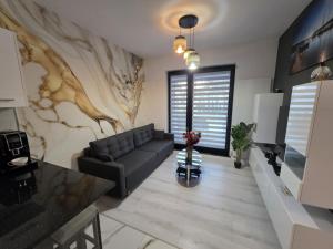 a living room with a black couch and a wall at Apartament Mono Ełk CENTRUM in Ełk