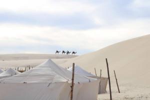 a group of people riding horses in the desert at Etoile du Désert de Lompoul in Kébémèr