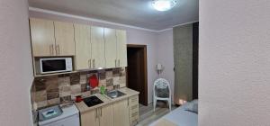 a kitchen with wooden cabinets and a microwave at Mimoza Apartments in Đenovići