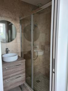 a bathroom with a shower and a sink at Charmante maison de bord de mer avec terrasse in Luc-sur-Mer