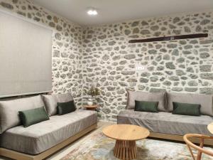 a living room with two couches and a stone wall at Meteora Kalimera 1 in Kalabaka
