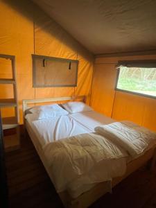a bedroom with a bed in a room with a ladder at Glampingtent Serengeti in Zwartemeer