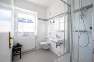 a bathroom with a toilet and a sink and a shower at Wallner - Hotel & Wirt in Arnoldstein +73 photos