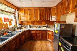 a kitchen with wooden cabinets and a refrigerator at Chillout Hostel Barrio Escalante in San José +20 photos