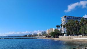 a view of a beach with buildings and palm trees at Skol 216 1Bedroom Duplex First Line Beach in Marbella