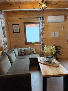 a living room with a couch and a table at Perła Kaszub in Wiele