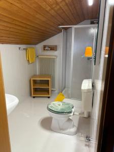 a model of a bathroom with a toilet and shower at Hotel Garni Austermayer in Traunreut +37 photos