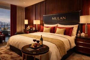 a hotel room with a large bed with a table with wine glasses at Mulantogel88 in Kangboi