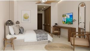 a bedroom with a bed and a desk at Agali Hotel Milos in Adamantas