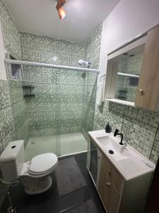 a bathroom with a shower and a toilet and a sink at Pousada Central Araquari in Araquari