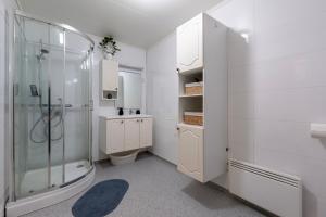 a white bathroom with a shower and a toilet at Free EV Charging with Snacks and View in Blesom +38 photos