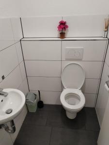 a bathroom with a white toilet and a sink at Marie Zimmer Zentral Bequem in Heilbronn