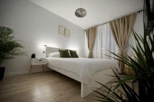 a white bedroom with a white bed and a plant at VerdeViu Apartments 1 Prima Residence Universitatii in Oradea