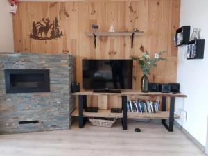 a living room with a television and a brick fireplace at Le chalet de cathy in Soultzeren