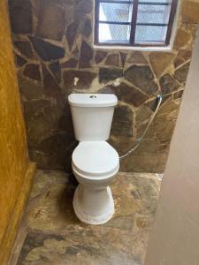 a bathroom with a white toilet in a stone wall at Petcat Cottage in Diani Beach
