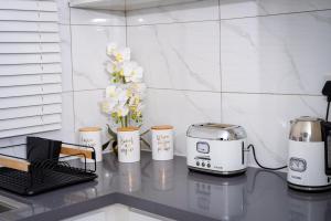 a kitchen counter with a toaster and flowers on it at 7th Heaven Apartments in Gaborone