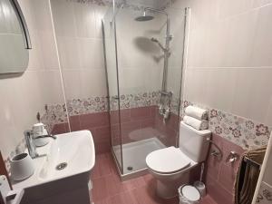 a bathroom with a shower and a toilet and a sink at Puertas del Mar 1 in Puerto Real +17 photos