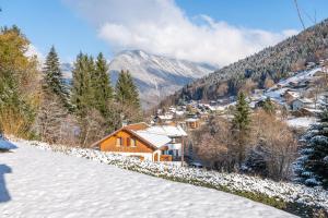 a person walking in the snow in front of a house at Le Chalet des 3 Monts in Les Clefs