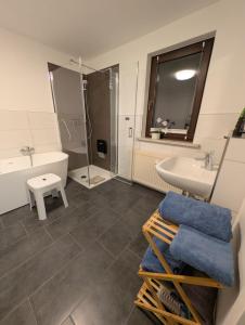 a bathroom with a shower and a sink and a tub at Ferienwohnung Waldenburg Sachsen II in Waldenburg