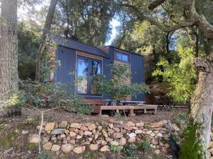 ein kleines blaues Haus im Wald in der Unterkunft Tiny Clariana by Tiny Away in Palafolls