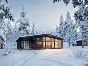 a cabin in the snow with snow covered trees at Arcora Boutique Hotel & Villas in Muonio +24 photos