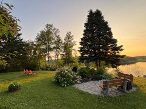 a park bench sitting in the grass next to a lake at Chalet au bord du lac à la Baie Boudreault in Alma