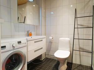 a bathroom with a toilet and a washing machine at Villa Ilves A in Syöte +20 photos