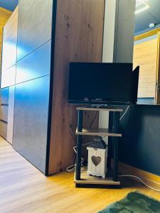 une télévision sur une table dans une pièce dans l'établissement Tiny House, à Tüttleben