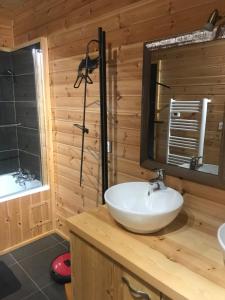 a bathroom with a sink and a shower and a mirror at Chalet Cervus in Font-Romeu-Odeillo-Via +31 photos