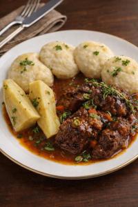 a plate of food with meat and dumplings on a table at Irie Bamboo in Bamboo