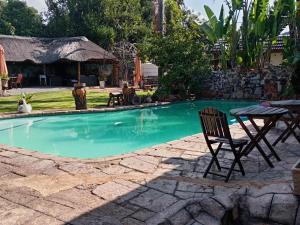 a swimming pool with a chair and a table at Petra Lodge in Edenvale