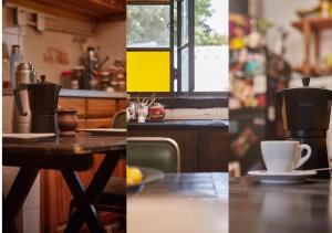four images of a kitchen with a table and a coffee maker at Ramallo es Bienestar 8 plazas in Ramallo