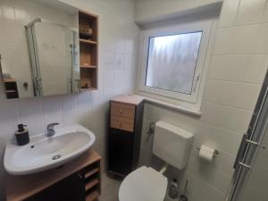a bathroom with a sink and a toilet and a window at Ferienwohnung Im Auricher Tal in Vaihingen an der Enz +9 photos