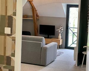 a living room with a couch and a television at L'Appart'Anjou in Cantenay-Épinard